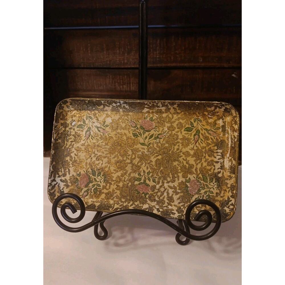 Vintage Viking Imports Alcohol Proof Paper Mache Tip Tray Japan Roses Gold MCM